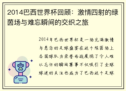 2014巴西世界杯回顾：激情四射的绿茵场与难忘瞬间的交织之旅