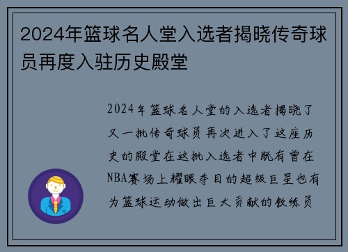 2024年篮球名人堂入选者揭晓传奇球员再度入驻历史殿堂